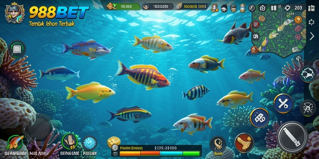 Tampilan gameplay menembak ikan yang seru dan penuh warna.