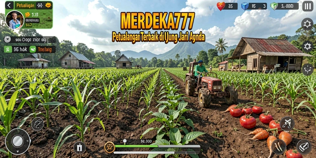 Screenshot gameplay <strong>MERDEKA777</strong> dengan suasana bertani yang ceria.