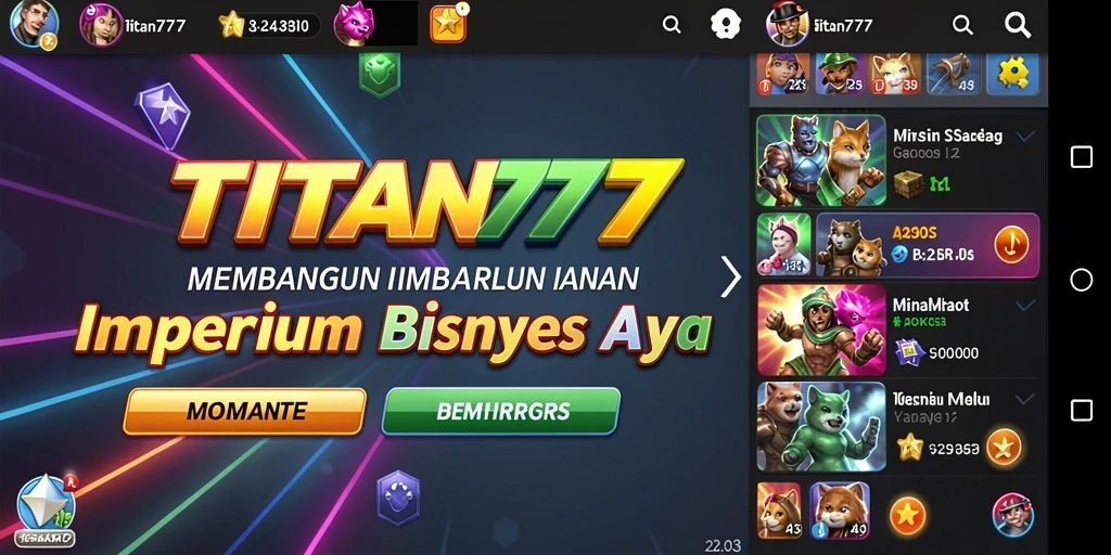 Screenshot gameplay TITAN777 dengan grafik memukau dan suasana bisnis dinamis.