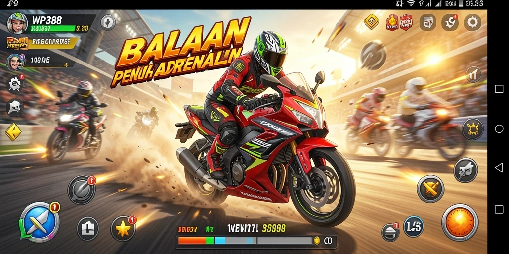 Tampilan gameplay WP888 dengan motor balap yang beraksi di sirkuit.